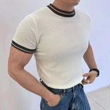 AIDASE  -  Light Luxury Ice Silk Knitted Contrast Color Round Neck Pullover Men's T-shirt Business Gentleman Male Tops aidase-shop