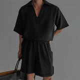 AIDASE  -  Men Sets Solid Color Lapel Short Sleeve Shirt & Shorts Two Pieces Sets Summer Streetwear 2025 Loose Casual Men's Suits aidase-shop
