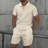 AIDASE  -  Summer Men Suits Solid Color Waffle Lapel Slim-Fit Casual Fashion Zip-Up Short Sleeve Shirts Suit Shorts Two Sets aidase-shop