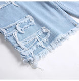 AIDASE  -  Men Fringe Patch Ripped Denim Shorts Summer Patchwork Jeans Casual Loose Straight Knee Length Breeches aidase-shop