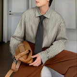 AIDASE  -  Men Striped Shirt Lapel Long Sleeve Korean Style Men Clothing With Tie Streetwear Loose Fashion Casual Tops Male Shirts aidase-shop