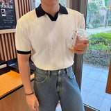 AIDASE  -  Images Simple Striped Ice Silk Elastic Jacquard Turn-down Collar Short Sleeved T-shirt 2025 Contrast Color Male Tops aidase-shop