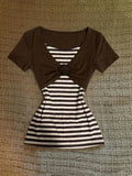 AIDASE  -  Women Striped Splice Short Sleeve Tops Y2K Fake Two-piece O-ring Buckle T-shirts Female Casual Vintage Slim Fit Top aidase-shop
