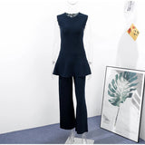 AIDASE  -  Ruffle Top Pant Sets Women Elegant Dark Blue O-neck Sleeveless Top High Waist Wide Leg Pants Female Suit 2025 Chic Lady Outfits aidase-shop