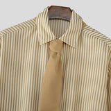 AIDASE  -  Men Striped Shirt Lapel Long Sleeve Korean Style Men Clothing With Tie Streetwear Loose Fashion Casual Tops Male Shirts aidase-shop