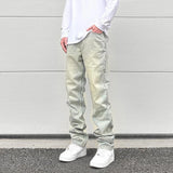 Aidase Streetwear Vibe Distressed Washed Trousers Jeans Yellow Mud Dyed Zipper Split Slim Straight Jeans Men Retro Jeans Vintage Y2k