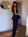 AIDASE  -  Ruffle Top Pant Sets Women Elegant Dark Blue O-neck Sleeveless Top High Waist Wide Leg Pants Female Suit 2025 Chic Lady Outfits aidase-shop