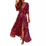 AIDASE  -  Spring Summer Floral Print Slimming Waist Midi Dress Elegance Short Sleeve V-Neck Dress Regular Sleeve Length Ankle-Length aidase-shop