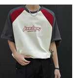 24.43Aidase Summer New High Street Trendy Splicing Round Neck Short Sleeve Men and Women Retro Letter Printed Loose Casual T-shirt Top y2k aidase-shop