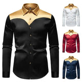 AIDASE  -  New Men's Satin Smooth Color Long Sleeved Shirt Contrast Color Patchwork Single Breast Male Tops aidase-shop