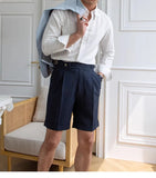 AIDASE  -  Italian Style Naples Shorts Men Summer Seersucker High Waisted Paris Buckle Suit Middle Pants England Business Casual Shorts aidase-shop