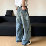 AIDASE  -  Fashion Men's Jeans American Style Washed Ink-Splashed Graffiti Decoration Summer Trend Versatile Straight Pants 21E6609 aidase-shop