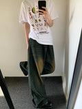 Aidase 90s Retro Skater Men Baggy Jeans Green Wash Adjust-waist Casual Wide Leg Oversize Pants Y2k Trousers Plus Size Clothes
