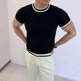 AIDASE  -  Light Luxury Ice Silk Knitted Contrast Color Round Neck Pullover Men's T-shirt Business Gentleman Male Tops aidase-shop