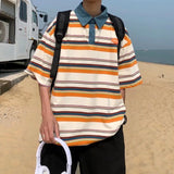 Aidase Japanese Harajuku Style Street Color-blocked Striped Short-sleeved Lapel Shirts Men Women Trendy Hip-hop Loose Casual T-shirts aidase-shop