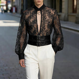 AIDASE  -  Men Shirt Lace Patchwork See Through Long Sleeve Sexy Tops Camisas Streetwear Hollow Out Fashion Men Clothing S-3XL aidase-shop