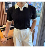 AIDASE  -  Images Simple Striped Ice Silk Elastic Jacquard Turn-down Collar Short Sleeved T-shirt 2025 Contrast Color Male Tops aidase-shop