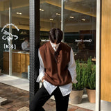 AIDASE  -  Plain Sleeveless Knitted Sweaters for Men Solid Color Man Clothes Waistcoat V Neck Vest White A Thick Winter Korean Autumn Baggy aidase-shop