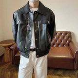 AIDASE  -  Autumn American Vintage PU Leather Coats Men's Loose Short Motorcycle Faux Leather Jacket Couple Metal Zipper Cargo Outwear aidase-shop