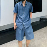 AIDASE  -  Denim Men's Two-Piece Summer Short Sleeve Shirt Casual Shorts Fashionable Cool Loose Versatile Solid Color Men Sets 21E6476