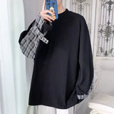 AIDASE  -  Stylish O-Neck Spliced Loose Korean Plaid T-Shirt Men Clothing Spring New Casual Pullovers Long Sleeve All-match Tee Shirt aidase-shop