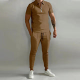 AIDASE  -  Fashion Striped Print Mens Tracksuits Spring Summer Short Sleeve Lapel Zipper Tops and Pants Two Piece Sets Men Sports Clothing aidase-shop