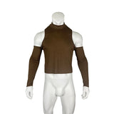 Aidase Sexy Off Shoulder T shirts For Men High Neck Long Sleeve Tight Turtleneck Tops Summer Casual Slim Hollow Out Crop Tee Streetwear