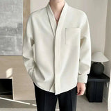 AIDASE  -  Spring New Style Collarless Thick Long Sleeved Shirt Solid Color Single Breast Korea Fashion Male Tops aidase-shop