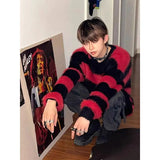 Vintage Pullover Black Red Contrast Striped Sweater Fashion Versatile Knit HIP HOP Mens Clothing High Quality Casual Jumper aidase-shop
