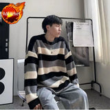 Aidase Warm Knitwear Thick Striped Men's Knit Sweater Fleeced Crewneck Round Collar Pullovers Male Vintage Long Sleeve Streetwear aidase-shop