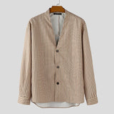 AIDASE  -  Men Shirt Striped V Neck Long Sleeve Button Casual Men Clothing Streetwear Loose Korean Style Tops Fashion Male Shirts aidase-shop