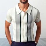 Aidase Men's Business Striped Knitted Polo Shirt Light Luxury Leisure Turn Down Collar Button Short Sleeve Shirts Breathable Knitwear