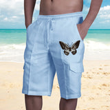 Aidase Vintage Men Linen Shorts Multi Pocket Drawstring Cargo Knee Length Pants Summer Fashion Casual Loose Beach Short Trousers Male