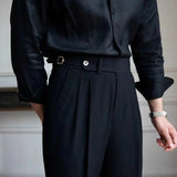 AIDASE  -  Seersucker Naples Suit Trousers Mens British Stylish High-waisted Belt Design Straight Pants Summer Slim Business Casual Pants aidase-shop