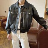 AIDASE  -  Autumn American Vintage PU Leather Coats Men's Loose Short Motorcycle Faux Leather Jacket Couple Metal Zipper Cargo Outwear aidase-shop
