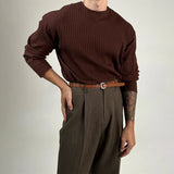 Aidase Mens Autumn Concave Convex Striped Off-Shoulder Long-Sleeved Knitted T-Shirt Gender-Neutral Casual Solid Color Loose Top Unisex aidase-shop