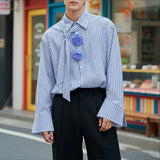 AIDASE  -  Men Shirt Striped Flower Decoration Lapel Long Sleeve Men Clothing With Tie Streetwear Fashion Casual Tops Male Shirts aidase-shop