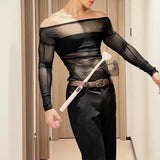 AIDASE  -  Men Off Shoulder Mesh Long Sleeve T Shirt See Through Slim Fit Muscle Tee Nightclub Party Stretch Bodycon Top aidase-shop