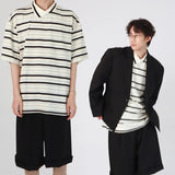 AIDASE  -  Summer Vertical Striped POLO Shirt Irregular Neckline Design Short-sleeved Top Unisex Contrasting Striped T-shirts Elegant Wear aidase-shop
