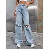 AIDASE  -  Torn Wide Leg Jeans High Waist Straight Cut Loose Fit Versatile Long Pants Street Style Casual Cotton Polyester Denim aidase-shop