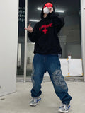 Aidase Hiphop Men Dragon Baggy Jeans Blue Wash Straight Wide Leg Pants Embroidered Casual Pants Retro Y2k Harajuku Streetwear
