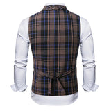 AIDASE  -  Trendy Sleeveless Slim Waistcoats Mens Spring Fashion Lapel Buttoned Plaid Striped Vest Jackets Men Casual Tie-up Suit Coat Male aidase-shop