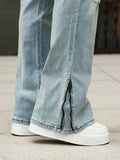 AIDASE  -  Men Light Blue Solid Color Casual Simple Daily Trendy Floor Length Flared Denim Trousers American Style Four Seasons Jeans Pants aidase-shop