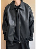 AIDASE  -  ex Loose Fit Pure Color Motorcycle Jaet PU Leather Flight Coat Street Sle Versatile Outerwear for Men And Women aidase-shop