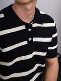 AIDASE  -  Stylish Striped Knitted Polo Shirt Men Vintage Buttoned Lapel Jumpers Summer Stylish Mens Short Sleeve Slim Polos Knitting Tops aidase-shop
