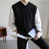 AIDASE  -  New Mens Sweater Vest Spring Sleeveless Loose Solid Color Simple V Neck Sweater Men Korean Fashion Harajuku Pullover Vest aidase-shop
