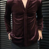AIDASE  -  Retro Velvet Shirt For Men Spring Autumn V-neck Long Sleeve Versatile Top Fashion Light Luxury Vintage Mature Shirts Streetwear aidase-shop