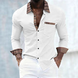 AIDASE  -  Men's Contrast Plaid Trim Dress Shirt Casual Long Sleeve Button-Up Shirt with Pocket aidase-shop