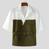 AIDASE  -  Men Shirt Patchwork Lapel Short Sleeve Lace Up Casual Men Clothing With Belt Streetwear 2025 Fashion Male Shirts Tops aidase-shop