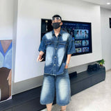 AIDASE  -  Fashion Men's Denim Suit 2025 Summer New Stylish Short Sleeve Lapel Shirt Trend Straight-leg Shorts Loose Men Suit 21E6404 aidase-shop